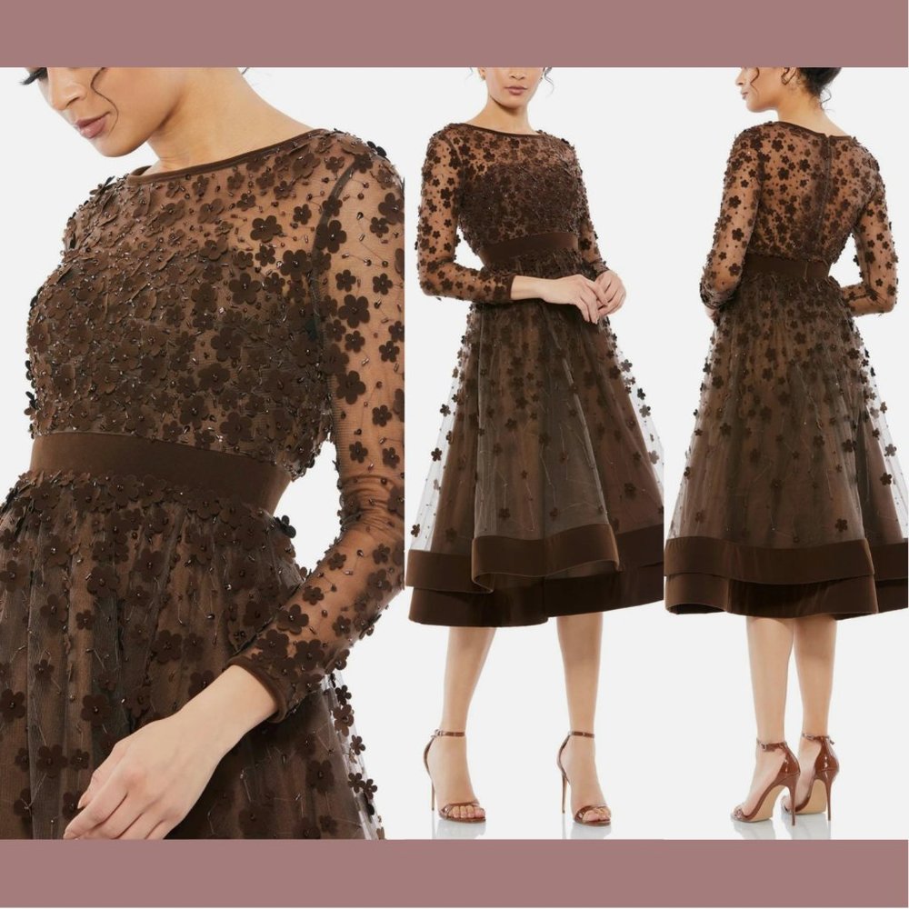 NWT Mac Duggal [ 10 ] Floral High Neck Long Sleeve‎ Fit Flare Dress Coffee Brown